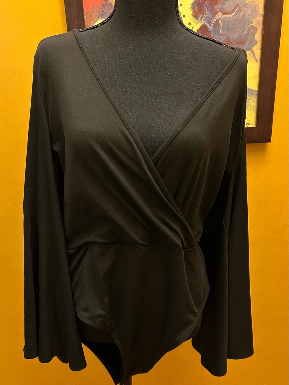 Witchy Boho Vibes Black Bell Sleeve Surplice Bodysuit Size 1XL